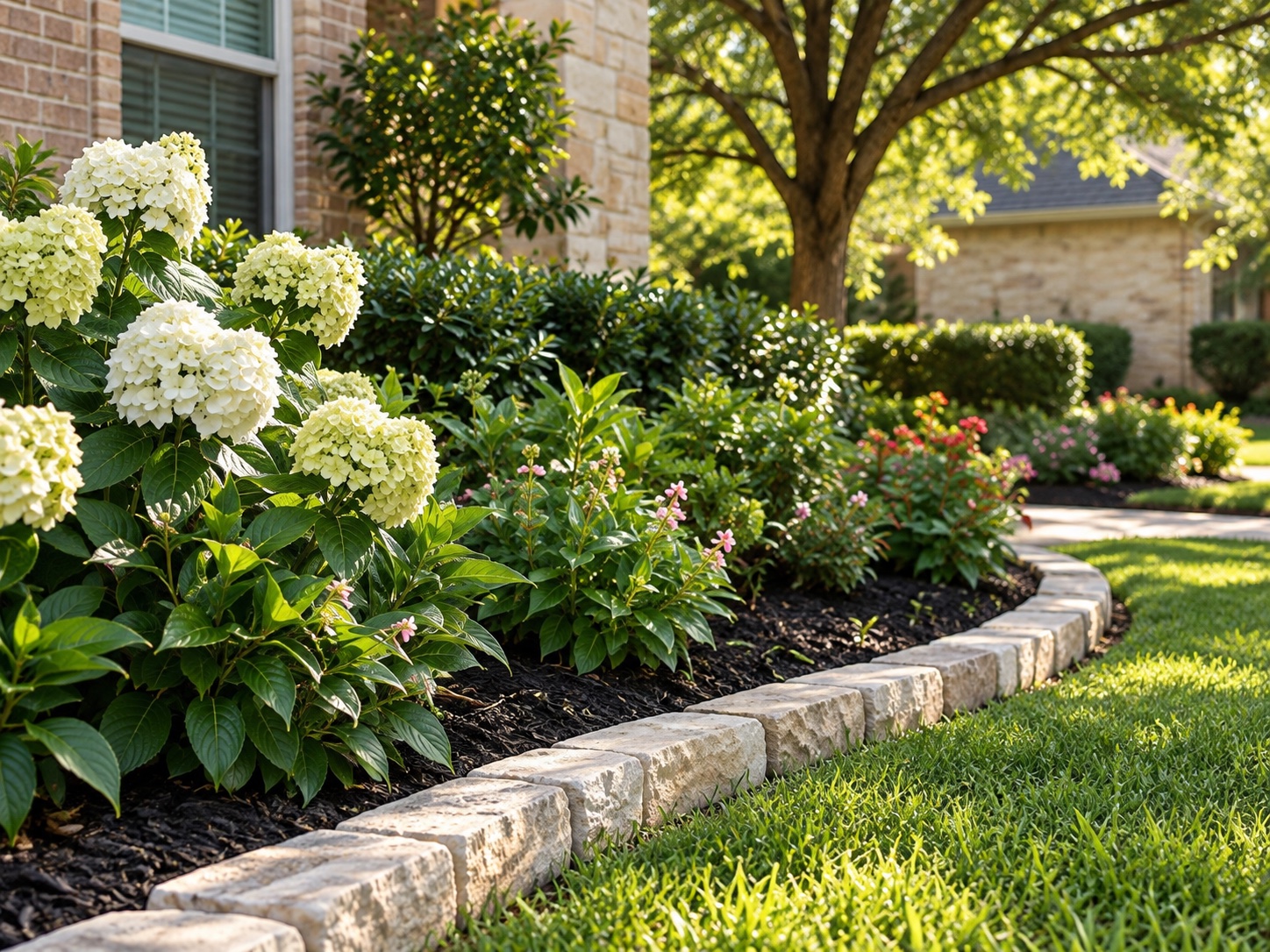 White flowers and fresh green planting alongside a carefully edged garden bed
